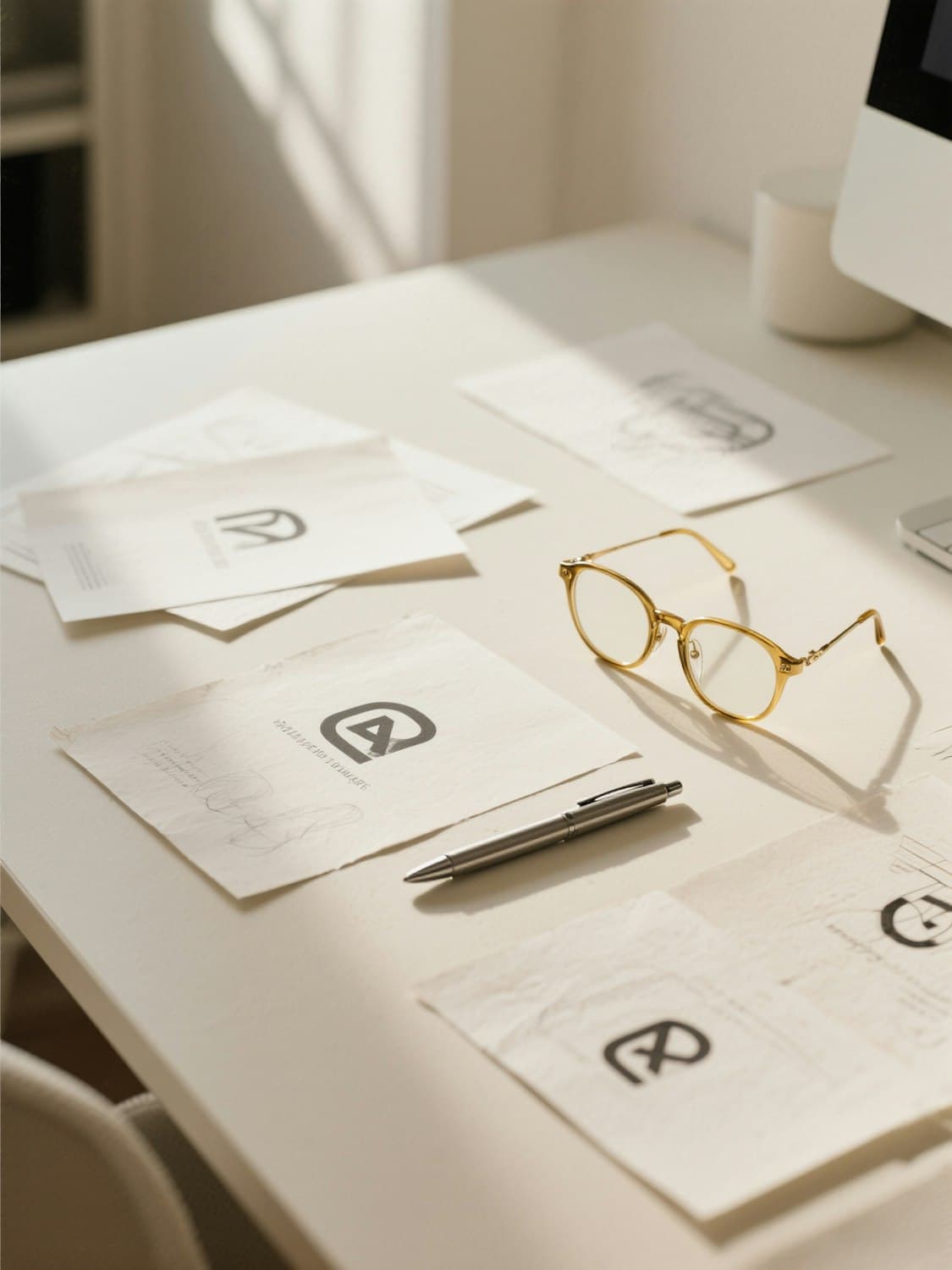 Arbeitsplatz mit Logo-Skizzen, goldener Brille und Stift auf hellem Tisch