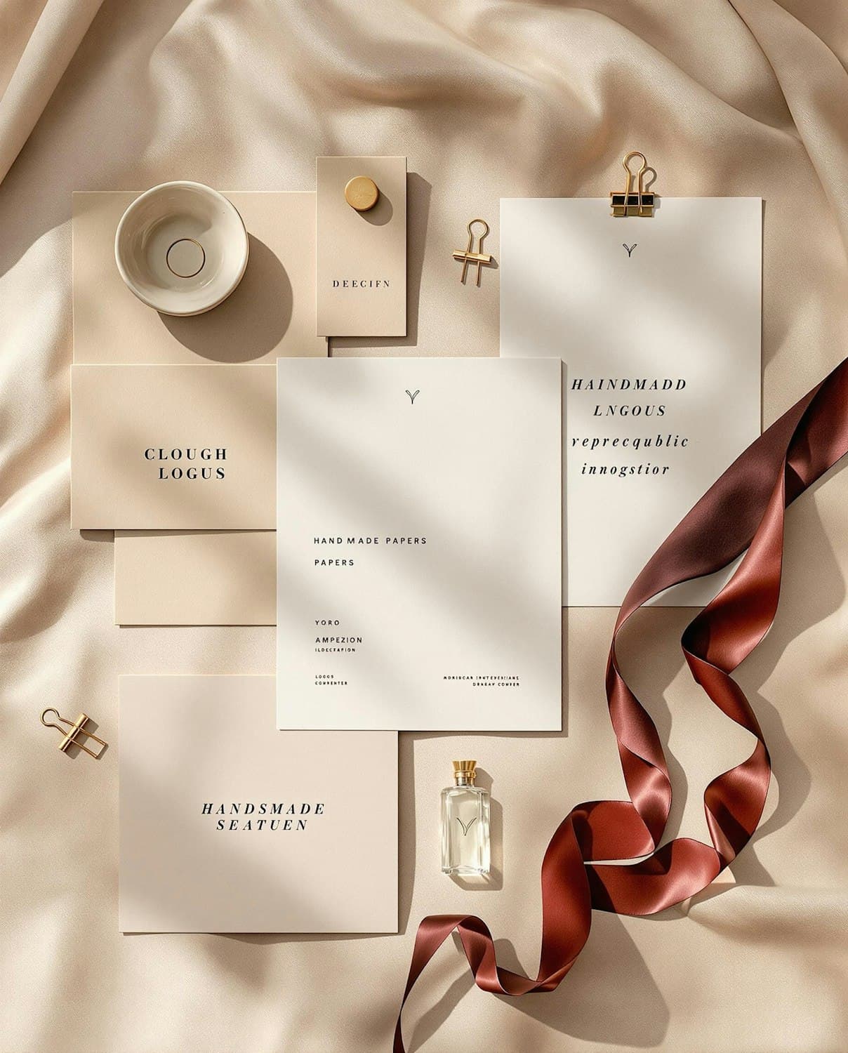 Flatlay mit minimalistischen Papieren, Flakon und Satinband in Sandtönen