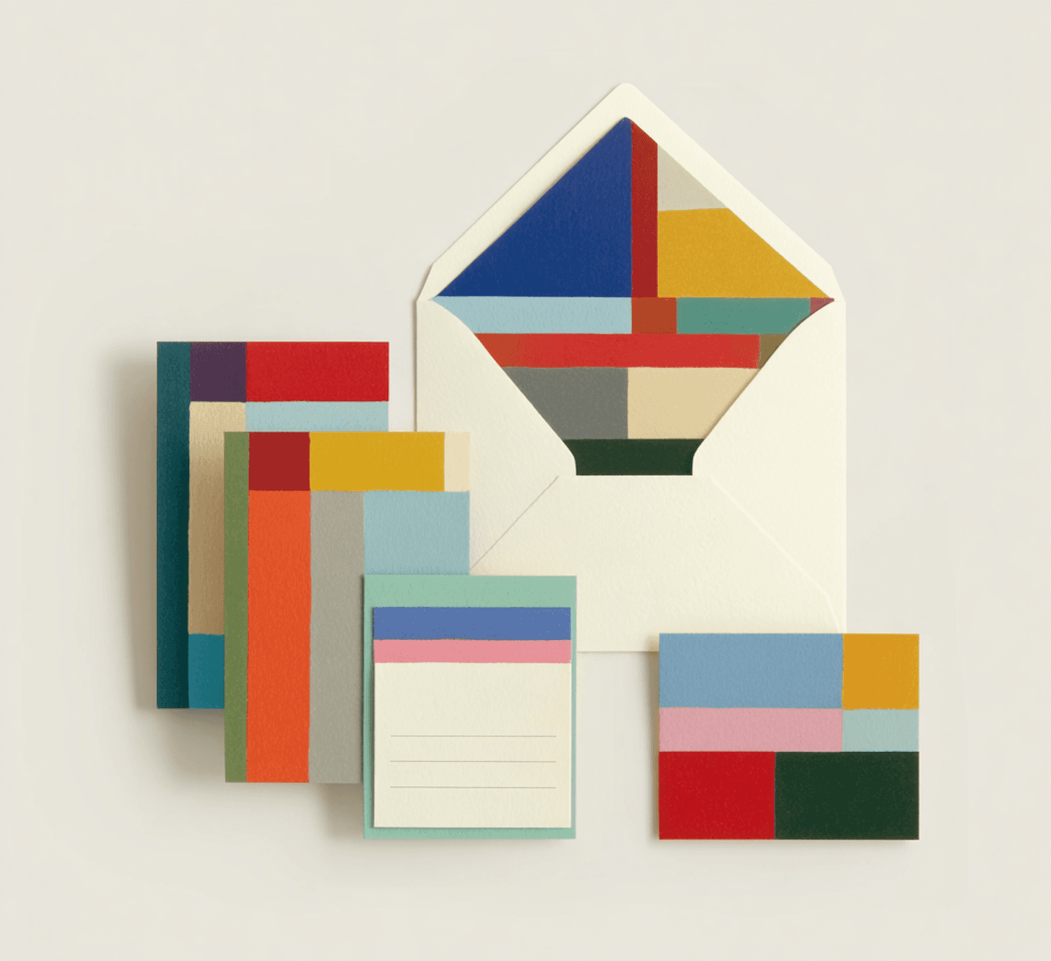 Set aus Briefumschlag und Karten mit geometrischer, moderner Gestaltung