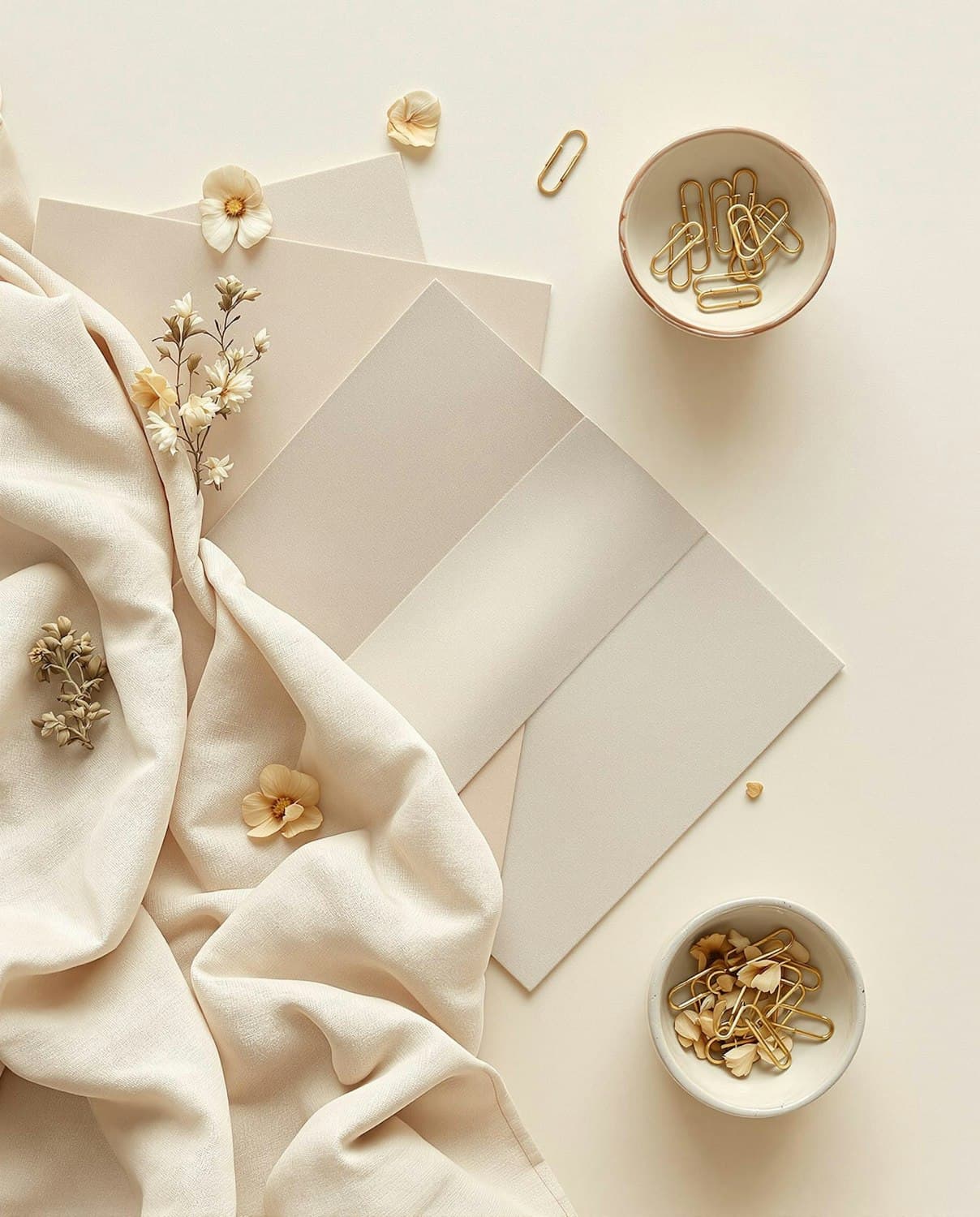 Ruhiges Flatlay mit beigem Stoff, Papieren, goldenen Klammern und Blüten